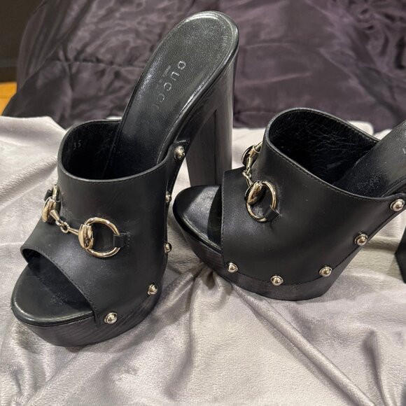 GUCCI BLACK LEATHER CLOGS ROUND HEEL WITH SILVER HARDWARE - Picture 1 of 12